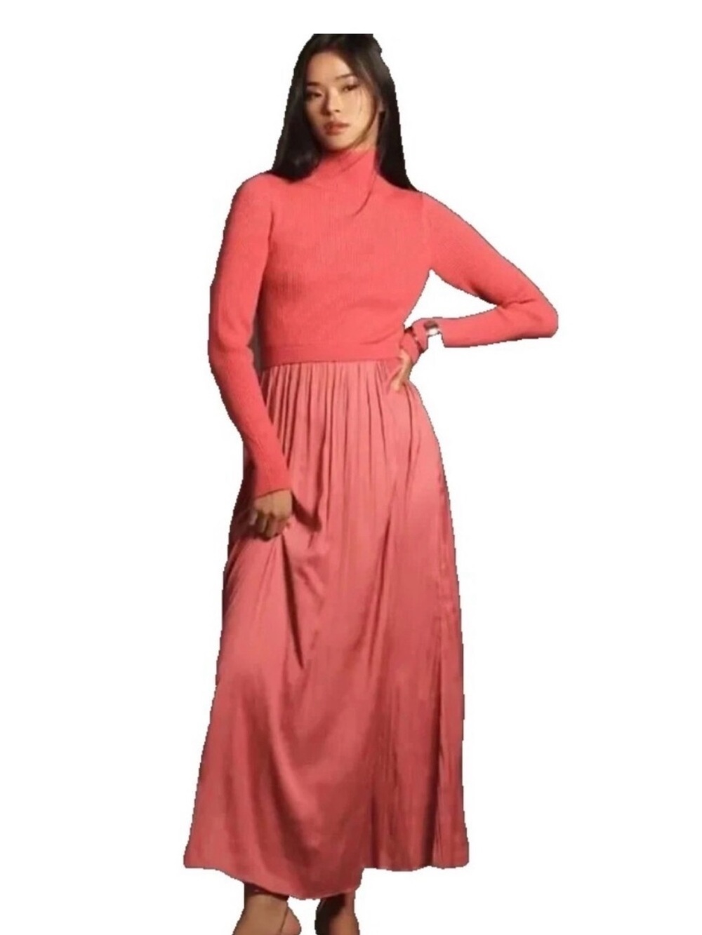 Anthropologie Thea Coral Pink Rib-Knit mock neck Maxi Dress